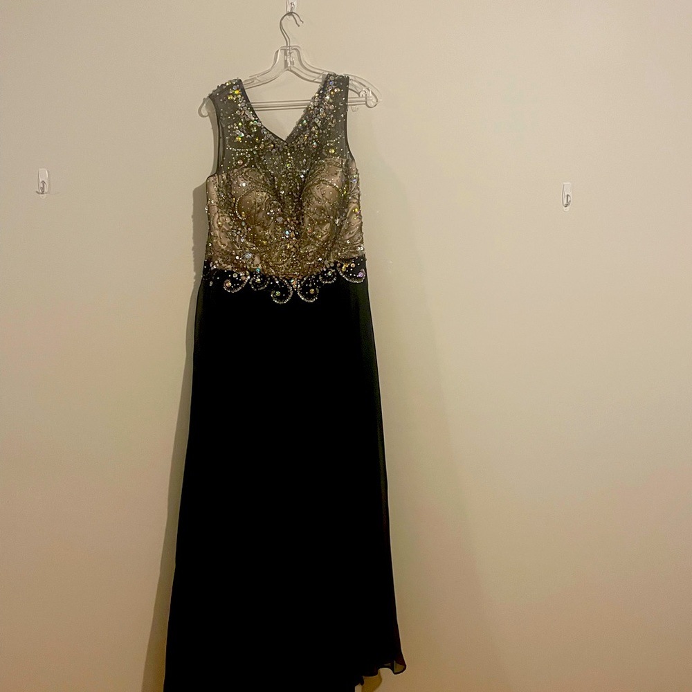 Evening gown black skirt with black and gold sequins floor length train